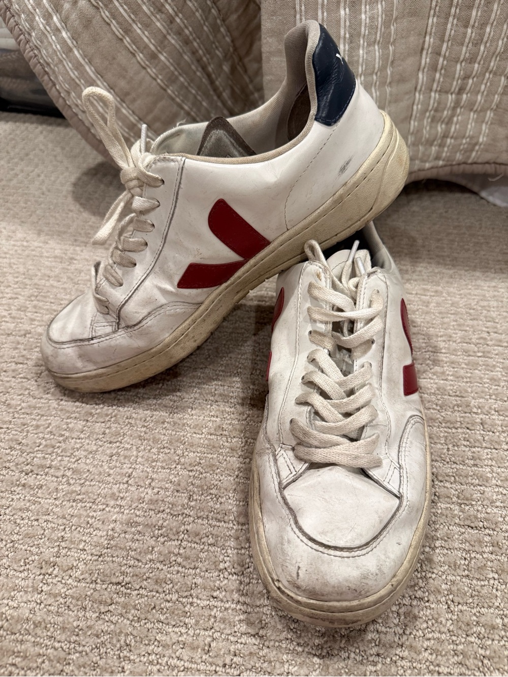 Veja White Sneakers with Red Side V and Navy Heel Tab